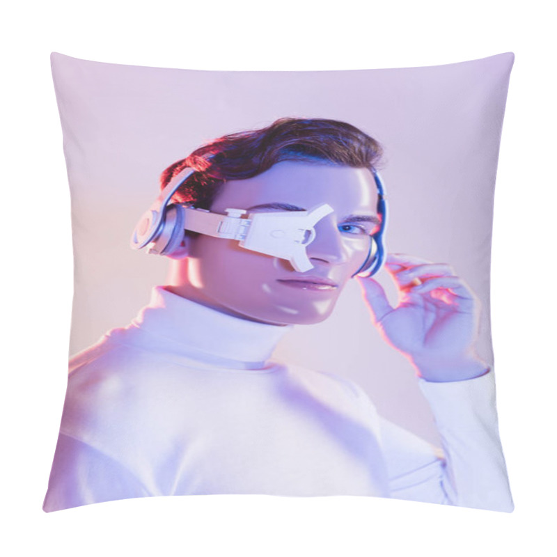 Personality  Cyborg In Headphones And Eye Lens Looking At Camera On Purple Background Pillow Covers