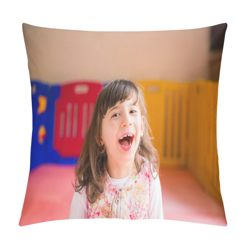 Personality  Portrait Of Little Beautiful Disabled Girl Who Sitting In The Game Room And Smiling Pillow Covers