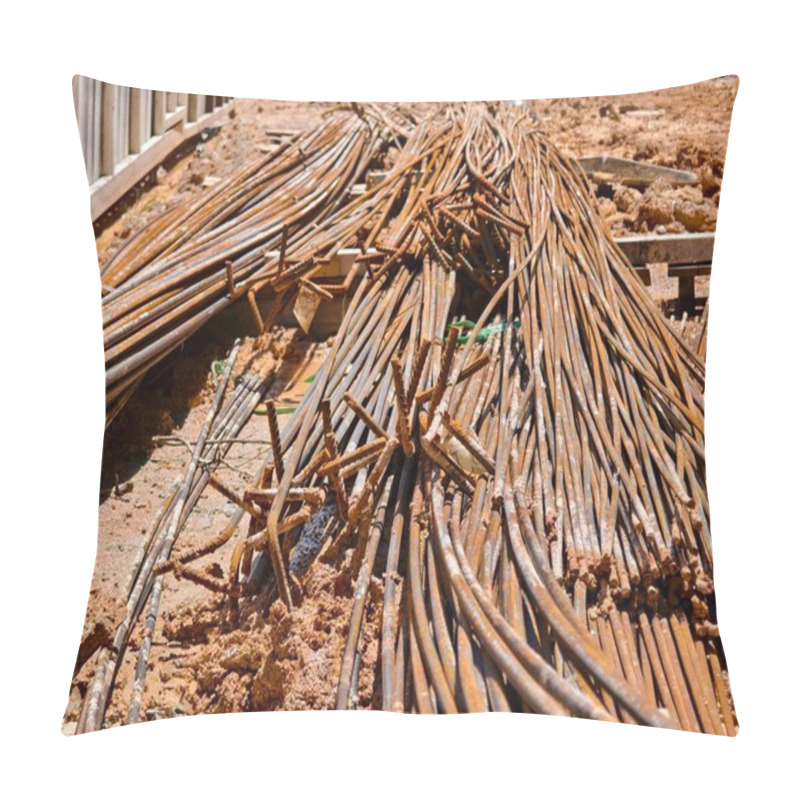 Personality  Sturdy Steel Rebars At A Construction Site. Pillow Covers