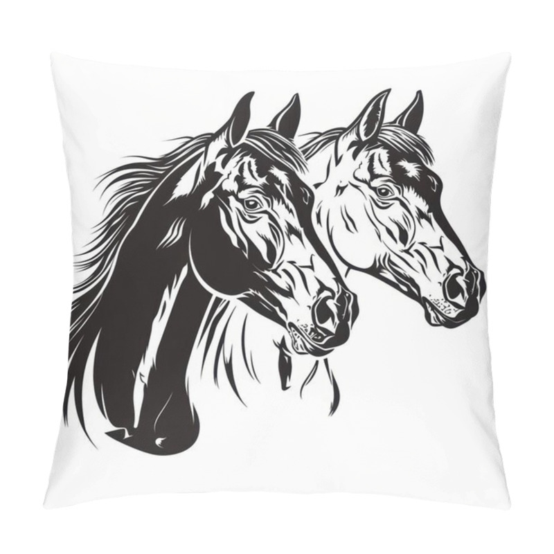 Personality  Illustration Of Two Majestic Horses With Flowing Manes And Expressive Faces, Showcasing Their Beauty In Black And White. Pillow Covers