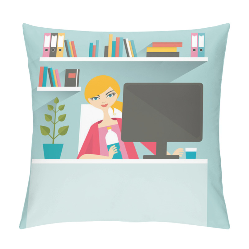 Personality  Woman Office Workplace. Secretary. Flat Vector Illustration. Pillow Covers