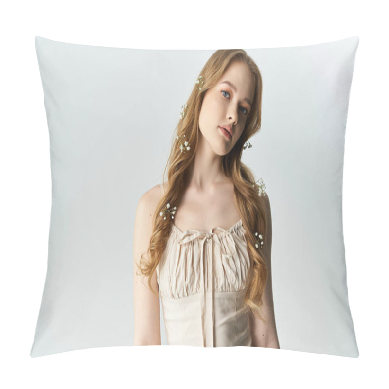 Personality  A Young Woman Poses Gracefully With Flowers In Her Hair, Radiating Beauty. Pillow Covers