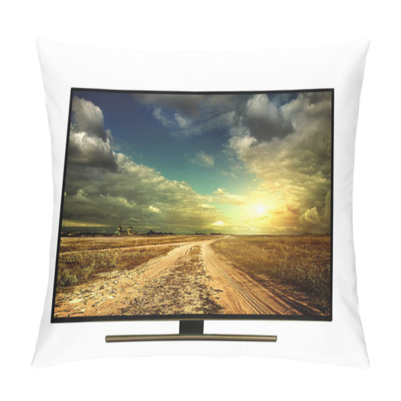 Personality  4k Monitor Isolated On White.  The Road Is Rural, Unpaved In The Steppes At Sunset. Modern, Elegant TV 4 K, With Incredibly Beautiful Colors Of The Image. Pillow Covers