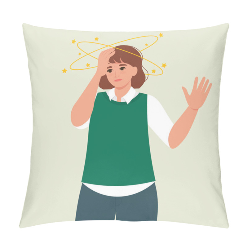 Personality  A Young Female With Yellow Stars Orbiting Around Her Head, Feeling Dizzy. Sick Woman Suffering From Vertigo. Person Suffering From Headache. Vector Isolated Illustration In Flat Style Pillow Covers