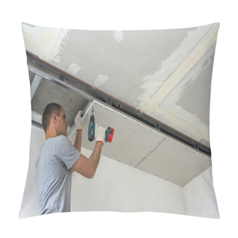 Personality  Construction Worker Assemble A Suspended Ceiling With Drywall An Pillow Covers