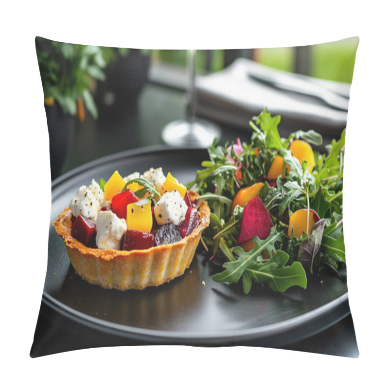 Personality  A Dark Plate With An Mini Tartlet On It, Filled With Beets And Goat Cheese, Sprinkled With Sumac Powder And Dill Leaves Pillow Covers