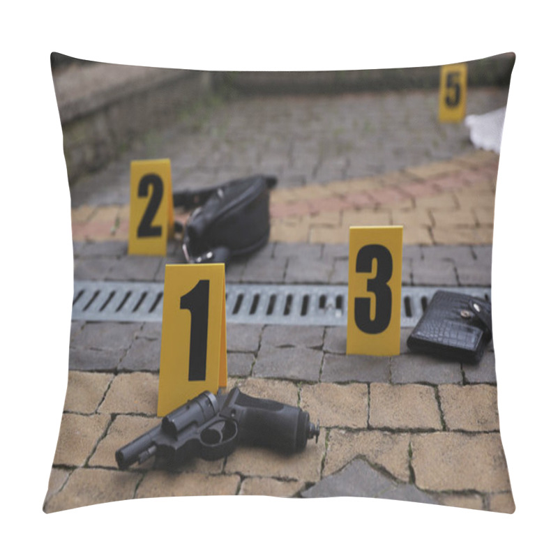 Personality  Crime Scene Markers And Evidences Outdoors, Closeup Pillow Covers