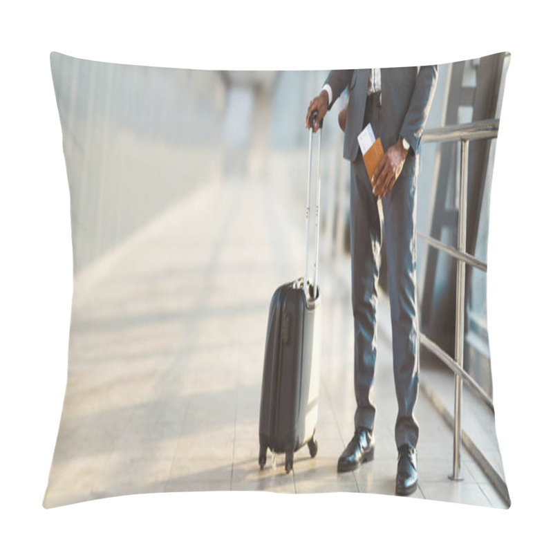 Personality  African American Businessman Wearing Suit Standing At Modern Airport With His Suitcase, Holding Passport And Flight Tickets In His Hand, Cropped, Panorama With Copy Space Pillow Covers