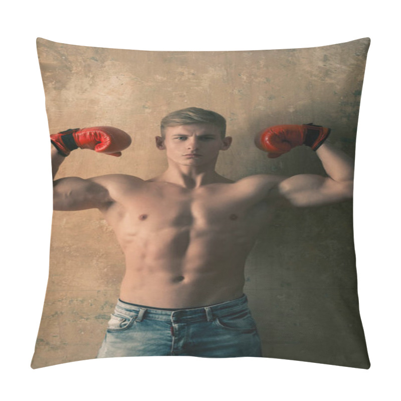 Personality  Sport And Combat, Muscular Boxer In Red Boxing Gloves Pillow Covers