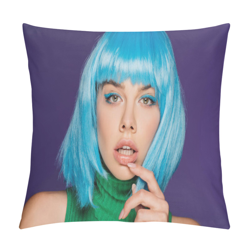 Personality  Sensual Young Woman In Blue Wig Touching Lip, Isolated On Purple Pillow Covers