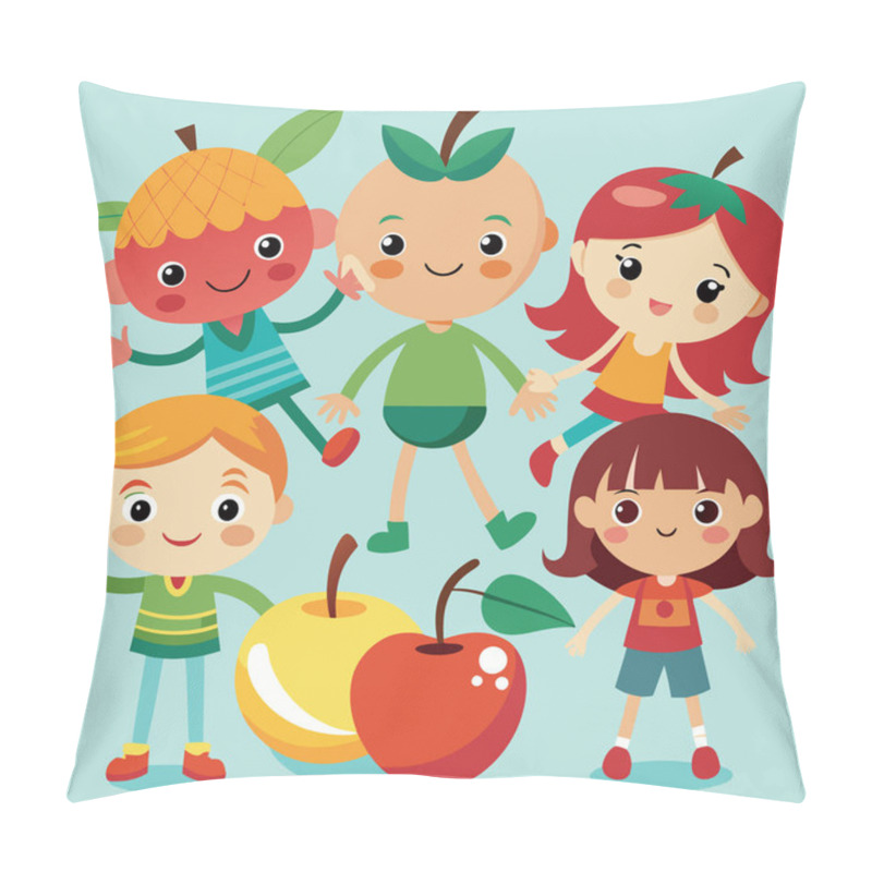 Personality  Happy Children Vector Art Collection With Fresh Fruits Pillow Covers