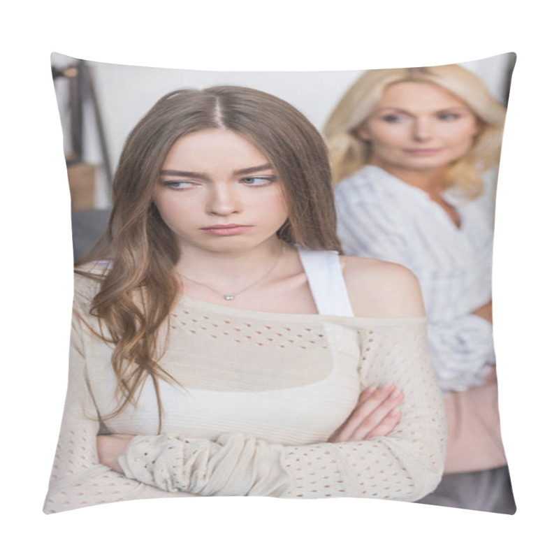 Personality  Selective Focus Of Offended Girl Sitting With Crossed Arms Near Serious Mother Pillow Covers