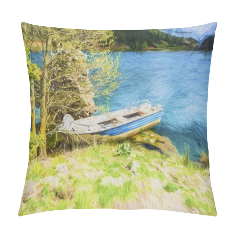 Personality  Fish Boat At Blue Lake In The Mountains - Painting Effect Pillow Covers