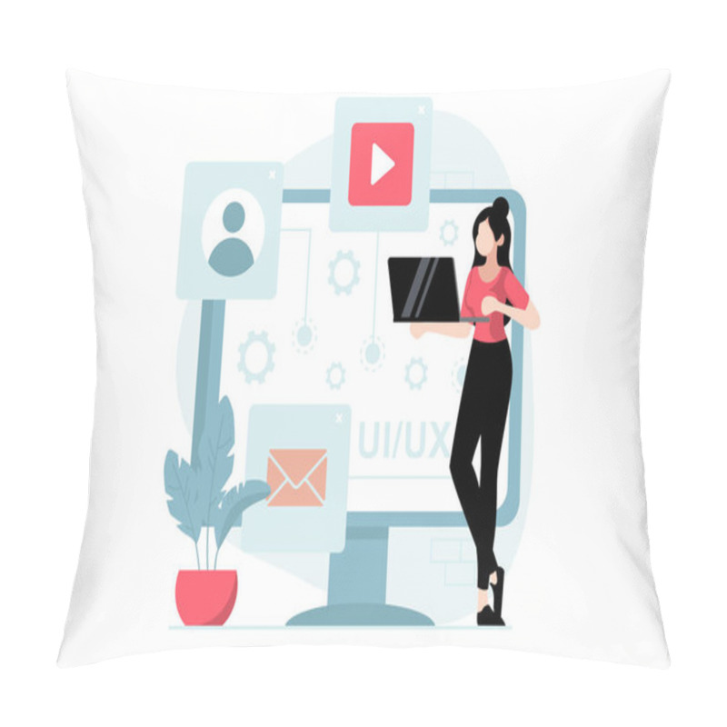 Personality  UI And UX Design Concept With People Scene In Flat Style. Woman Work As Designers, Create Interfaces And Content, Places Buttons On Template. Illustration With Character Situation For Web Pillow Covers