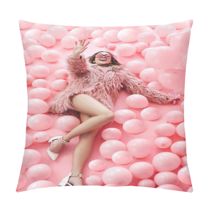 Personality  Top View Of Fashion Pretty Woman Lying In Many Pink Balloons Pillow Covers