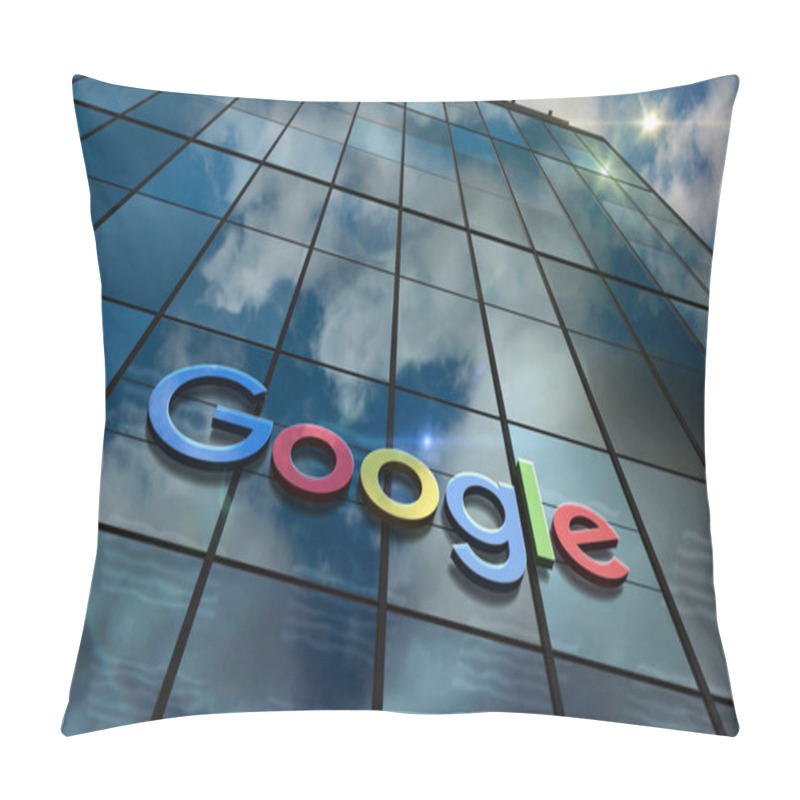 Personality  Mountain View, California, August 20, 2023: Google Alphabet Headquarters Glass Building Concept. Conglomerate Holding Company Symbol Logo On Front Facade 3d Illustration. Pillow Covers