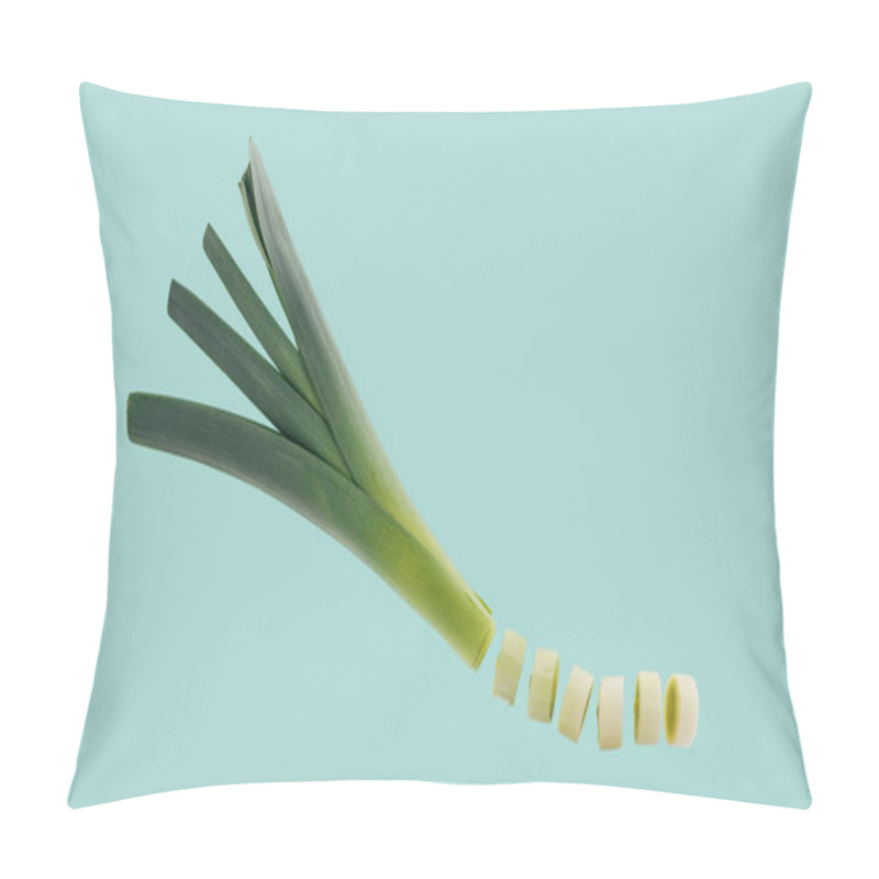 Personality  Top View Of Fresh Cut Leek Isolated On Turquoise  Pillow Covers