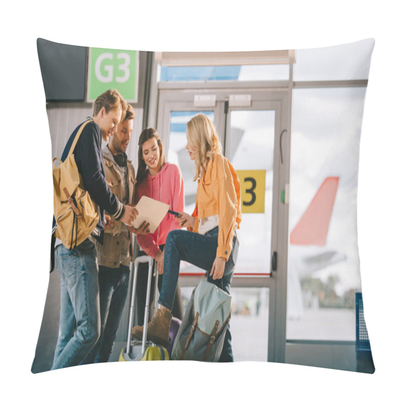 Personality  Smiling Young Friends Using Laptop While Waiting For Flight In Airport  Pillow Covers