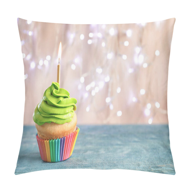 Personality  Birthday Cupcake With Burning Candle On Table Against Blurred Lights Pillow Covers