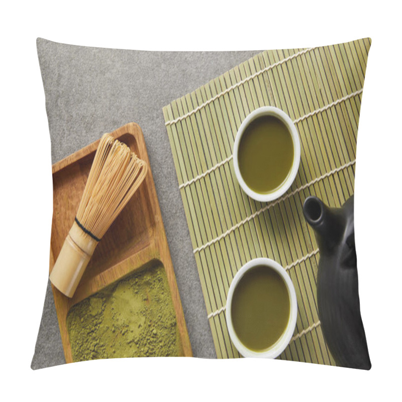 Personality  Top View Of Green Matcha Powder With Bamboo Whisk In Wooden Board Near Teapot And White Cups With Green Tea On Table Mat Pillow Covers