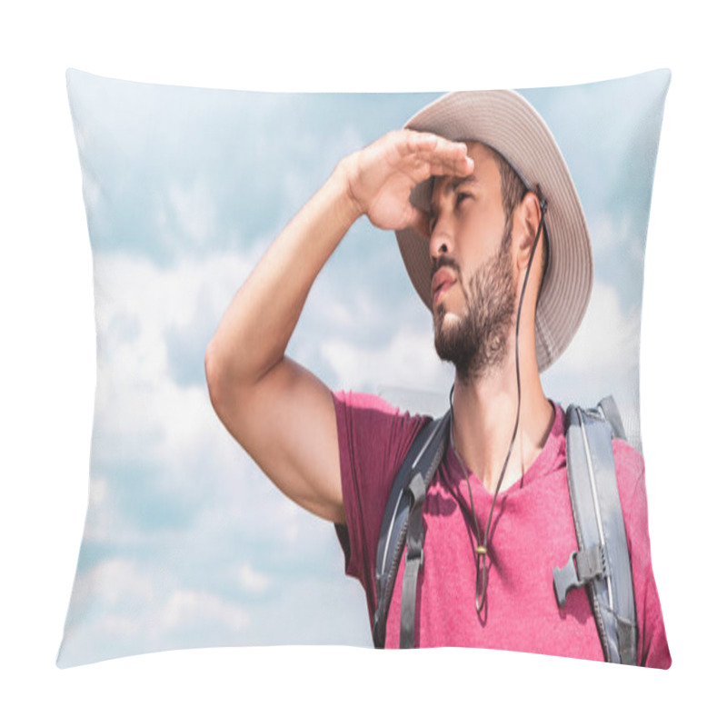 Personality  Handsome Male Traveler In Hat Looking Away Pillow Covers