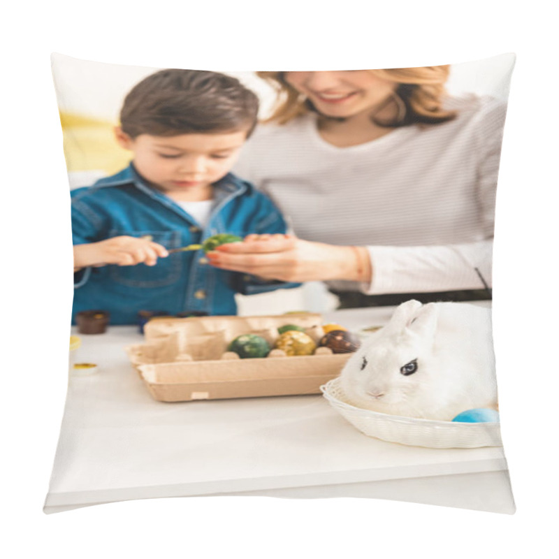 Personality  Selective Focus Of Mother And Son Painting Easter Eggs While Sitting At Table Near Bunny In Wicker Pillow Covers