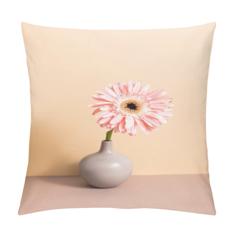 Personality  Pink Gerbera In Vase On Wooden Surface On Beige Background Pillow Covers