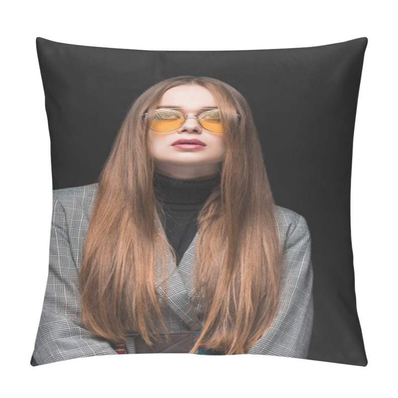 Personality  Woman In Gray Jacket And Yellow Sunglasses Pillow Covers