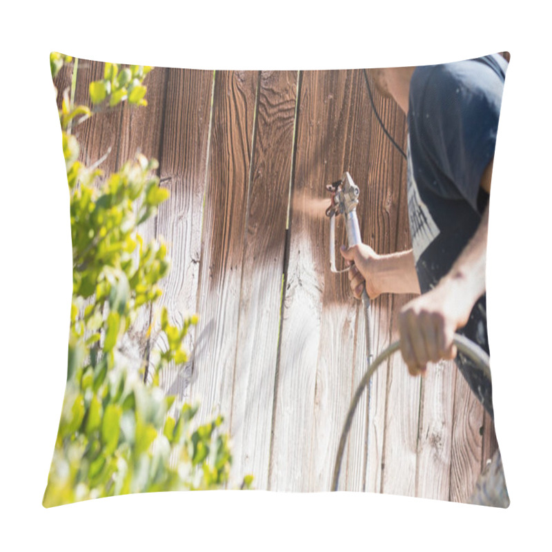 Personality  Professional Painter Spraying House Yard Fence With Wood Stain. Pillow Covers