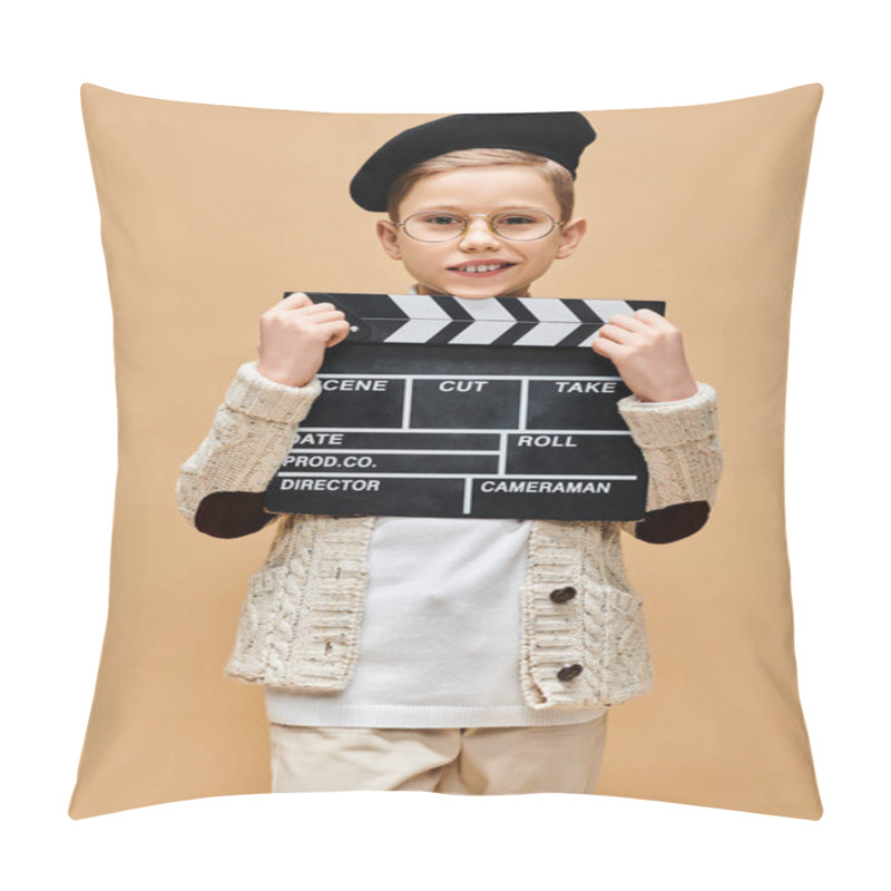 Personality  A Preadolescent Boy Holding A Clapper Board In Front Of His Face. Pillow Covers