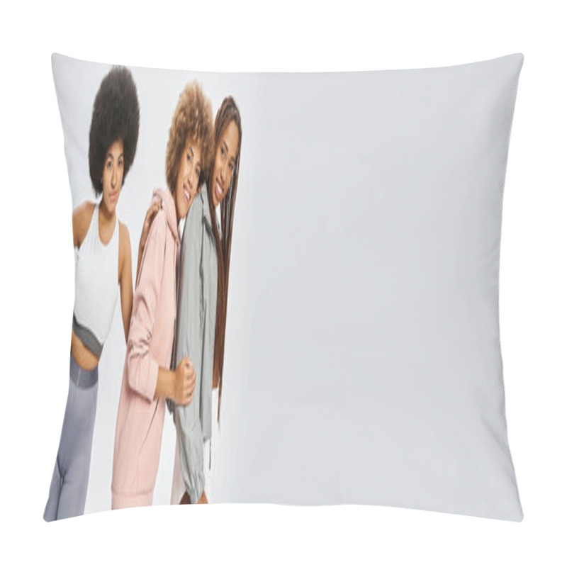 Personality  Pretty African American Friends In Sportswear Looking At Camera On Grey Backdrop, Juneteenth Banner Pillow Covers