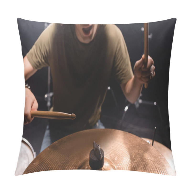 Personality  Cropped View Of Musician With Open Mouth Holding Drumsticks And Playing Cymbal On Blurred Background Pillow Covers