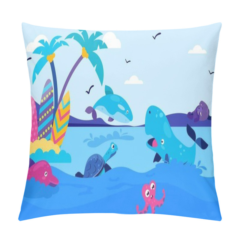 Personality  Sea Cartoon Animal Near Islan, Vector Illustration. Underwater Nature Dolphin, Fish Marine With Nature Tropical Coral Background. Pillow Covers