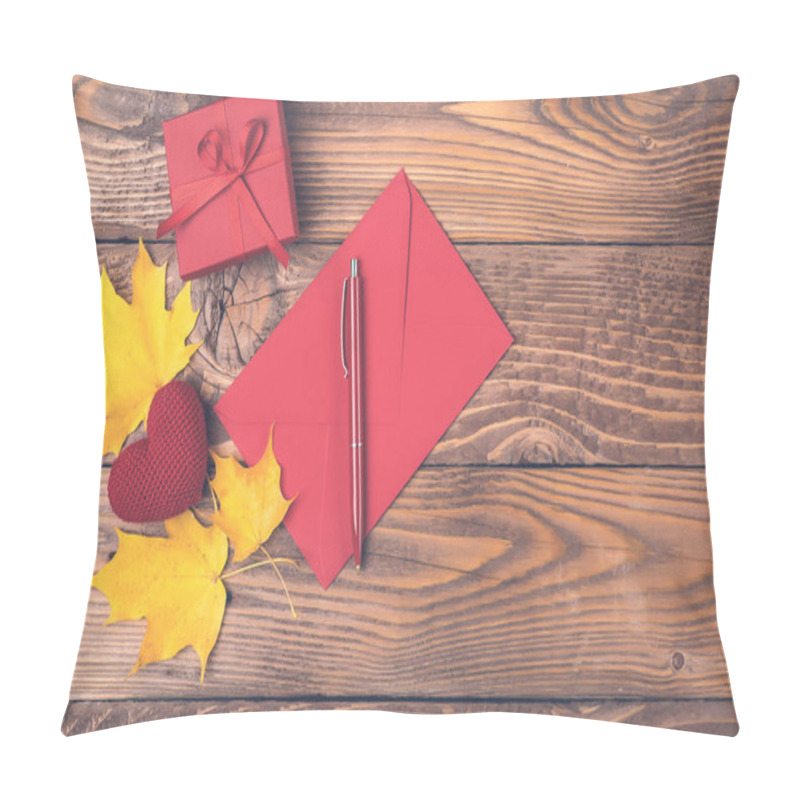 Personality  Autumn Background With Maple Leaves, Red Envelope, Pen, Gift Box, Knitted Heart On Wooden Board. Copy Space, Top View. Autumn Holiday Concept. Love In Autumn Time. Autumn Mood. Confession In Feelings Pillow Covers