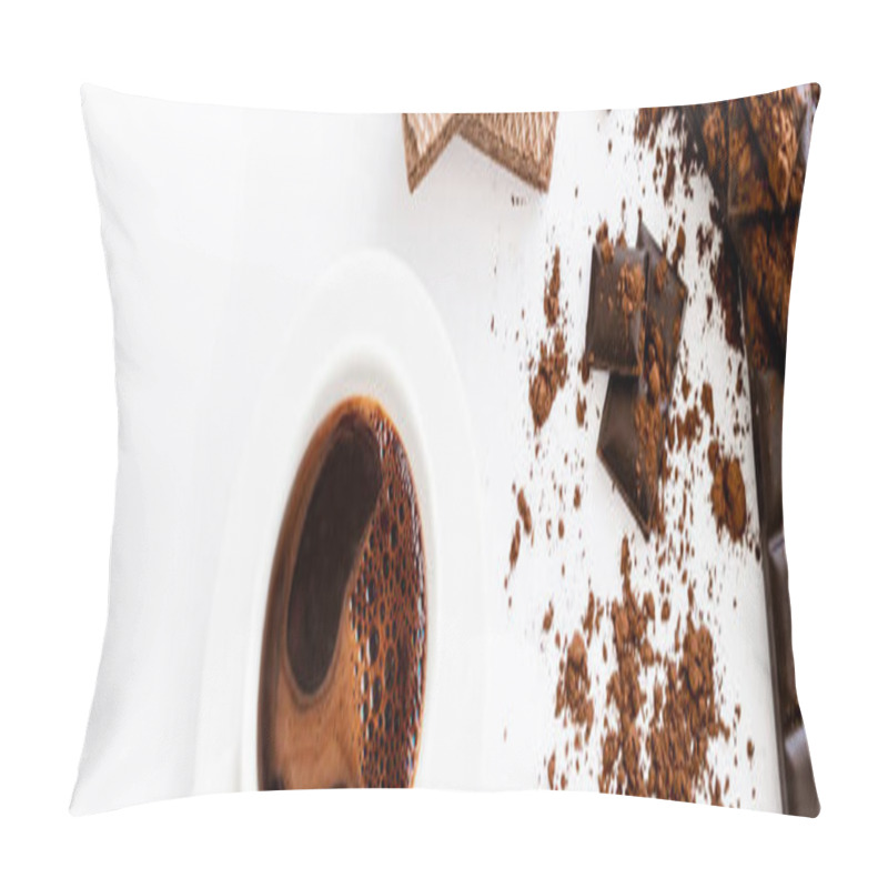 Personality  Top View Of Cup Of Coffee, Waffles And Brown Chocolate On White Background, Banner  Pillow Covers