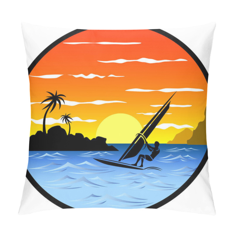 Personality  Windsurfer In The Background Of A Sea Landscape With Blue Sea, Waves, Stones, Mountains, Palms And Cloudy Sky Pillow Covers