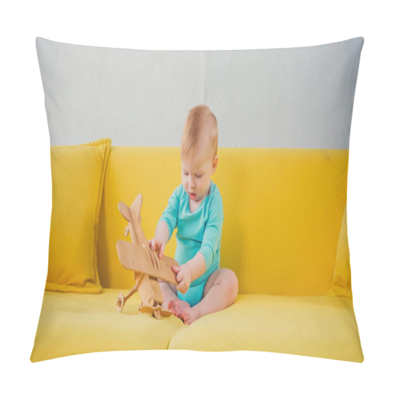 Personality  Baby Boy Sitting On Sofa And Playing With Wooden Biplane Pillow Covers