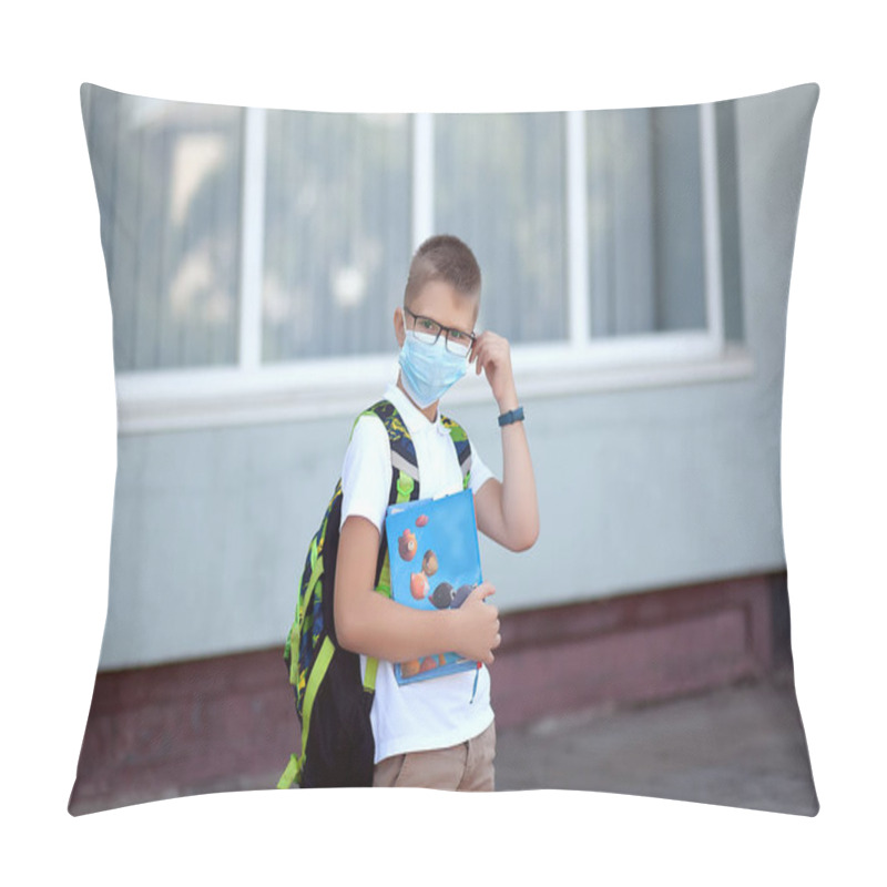 Personality  Back To School. Boy Wearing Mask And Backpacks Protect And Safety From Coronavirus. Child Going School After Pandemic Over. Standing Near School. Students Are Ready For New Year. Pillow Covers