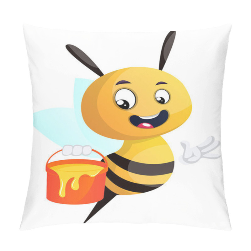 Personality  Bee Holding Honey Bucket, Illustration, Vector On White Backgrou Pillow Covers