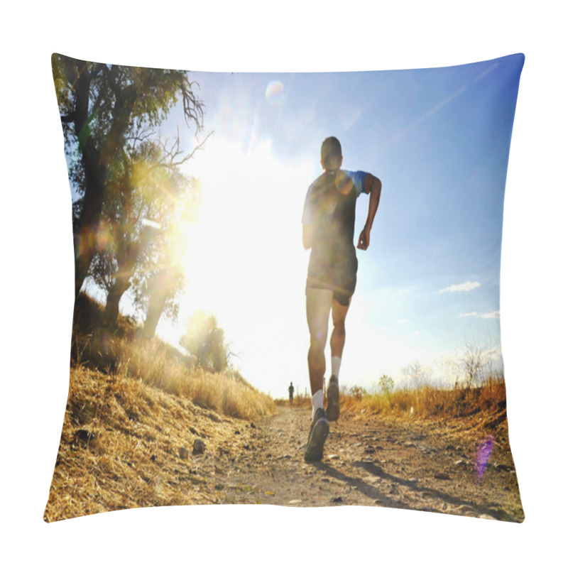 Personality  Silhouette Of Young Sport Man Running Off Road Cross Country Competition At Summer Sunset Pillow Covers