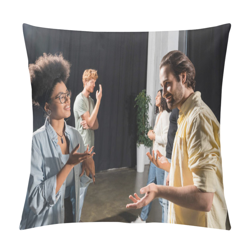 Personality  Smiling Multiethnic Actors Gesturing During Conversation In Acting Skills School Pillow Covers