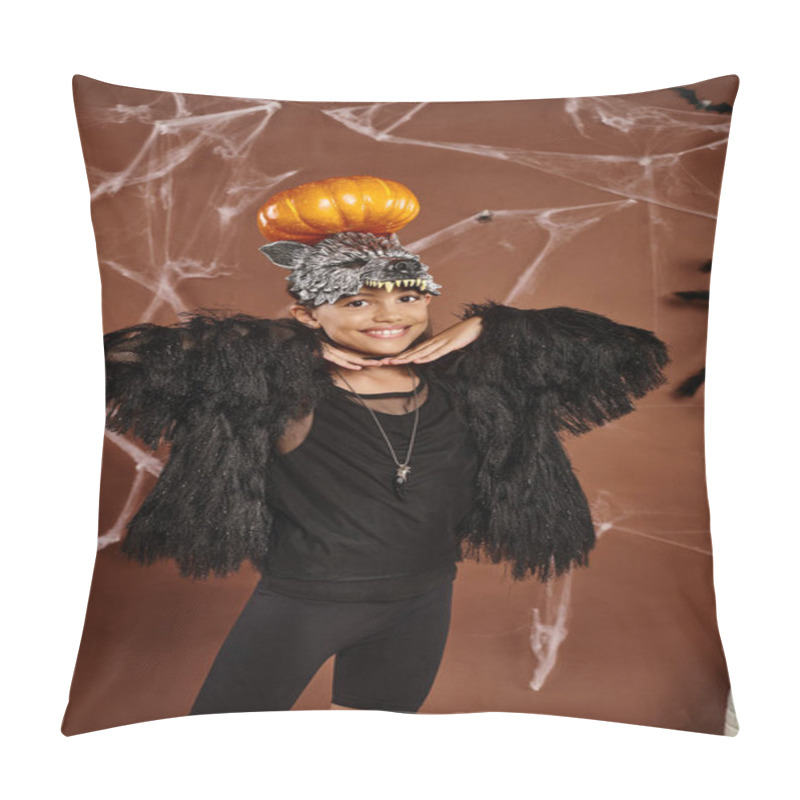 Personality  Close Up Smiling Preteen Girl With Pumpkin On Her Head And Hands Under Chin, Halloween Pillow Covers