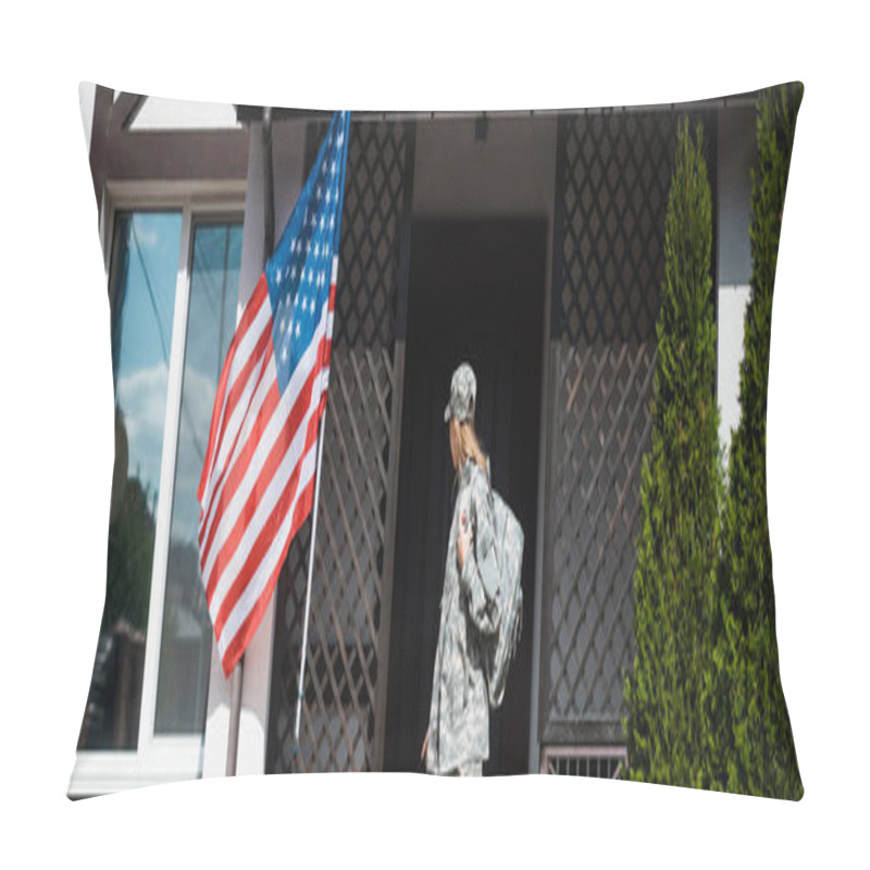 Personality  Military Servicewoman With Backpack Leaving House, Standing On Threshold, Banner Pillow Covers