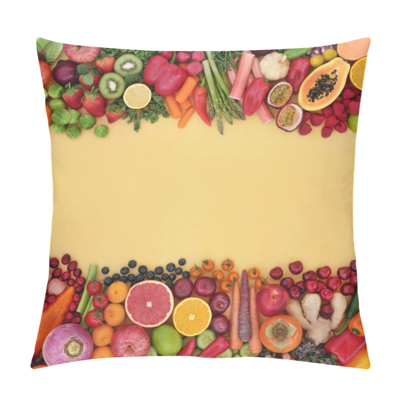 Personality  Antioxidant Health Food To Fight Free Radicals With Fruit & Vegetable High In Fibre, Anthocyanins, Lycopenes, Protein, Vitamins, Minerals & Carotenoids. Healthy Lifestyle Concept. Flat Lay Border On Yellow. Pillow Covers