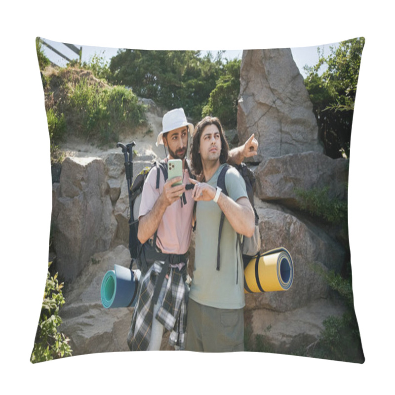 Personality  Two Young Men, A Gay Couple, Hike Together In The Summer Wilderness, Enjoying Each Others Company. Pillow Covers