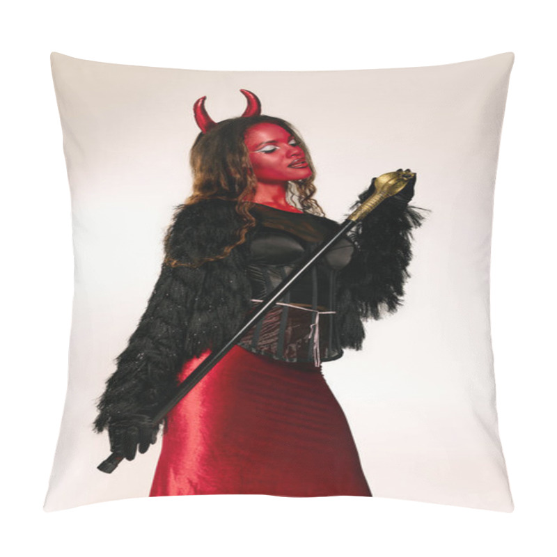 Personality  A Stunning Woman Adorned In A Fiery Devil Costume Captivates With Her Alluring Style. Pillow Covers