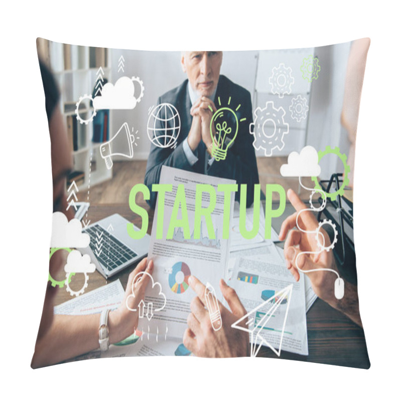 Personality  Businesspeople Pointing At Charts On Paper Near Investor And Startup Illustration In Office  Pillow Covers