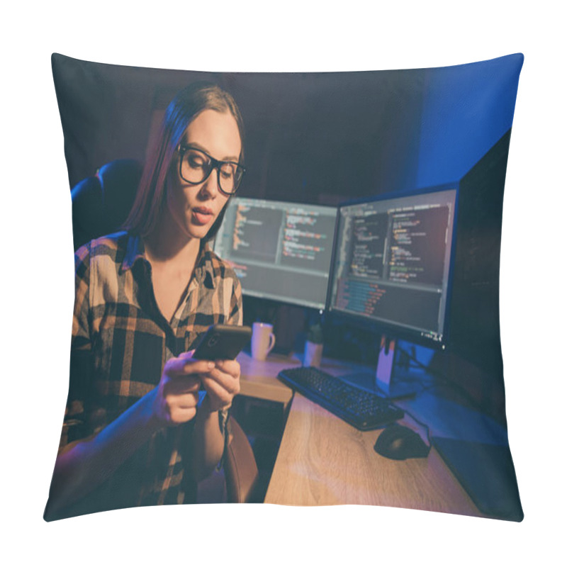 Personality  Photo Of Cute Girl Wearing Spectacles Working On Startup And Project At New Generation Of Information Technologies Using Javascript Pillow Covers