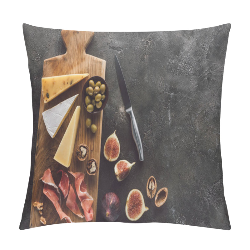 Personality  Flat Lay With Assorted Cheese, Jamon And Figs On Dark Surface Pillow Covers