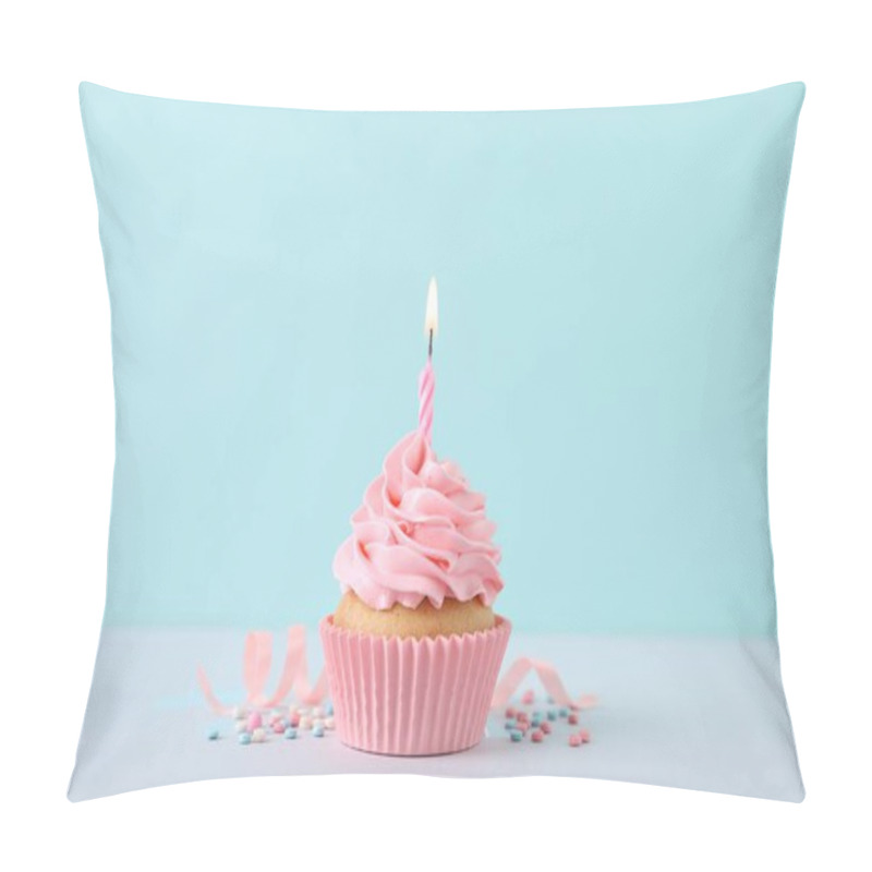 Personality  Delicious Birthday Cupcake With Burning Candle, Sprinkles And Streamer On White Table Against Turquoise Background Pillow Covers